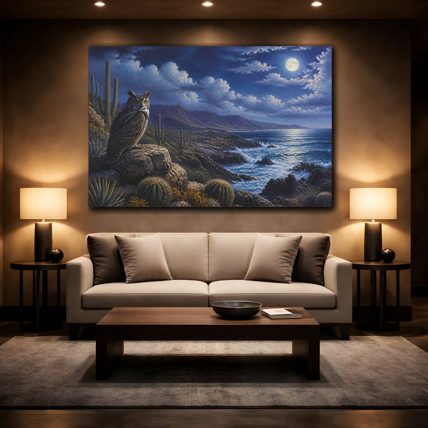 Mockup 2. Moonlit Owl Coastal Landscape shown as canvas print
