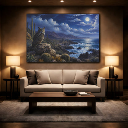 Mockup 2. Moonlit Owl Coastal Landscape shown as canvas print