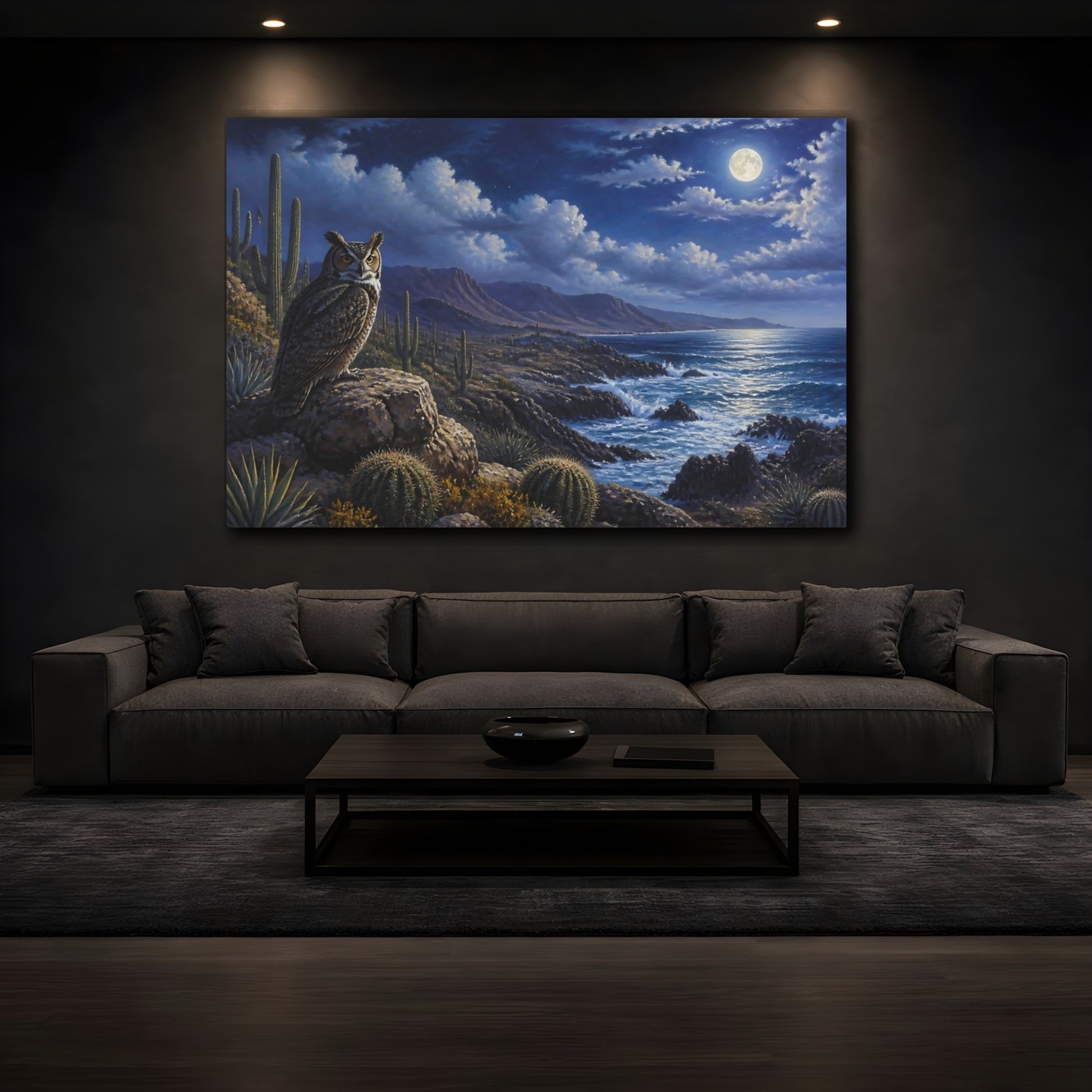 Mockup 3. Moonlit Owl Coastal Landscape shown as canvas print
