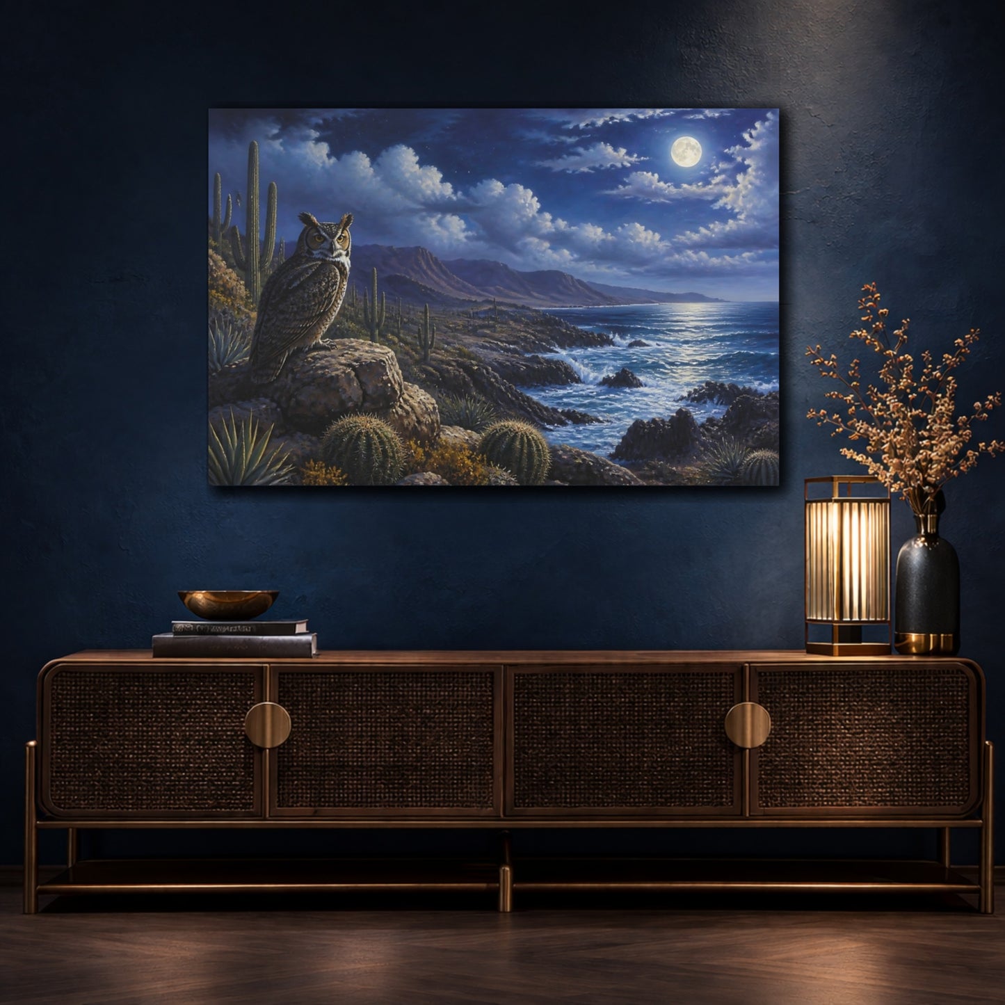 Mockup 4. Moonlit Owl Coastal Landscape shown as canvas print