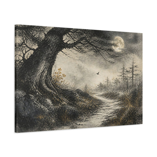 Main Mockup. Moonlit Path Beneath Ancient Tree shown as canvas print