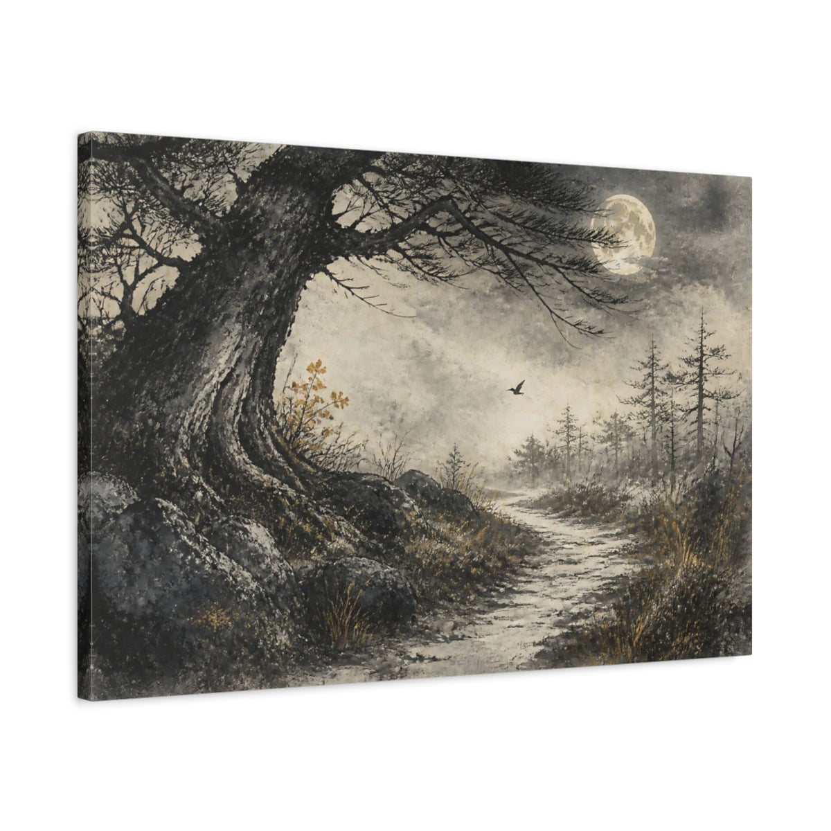 Side Mockup 2. Moonlit Path Beneath Ancient Tree shown as canvas print