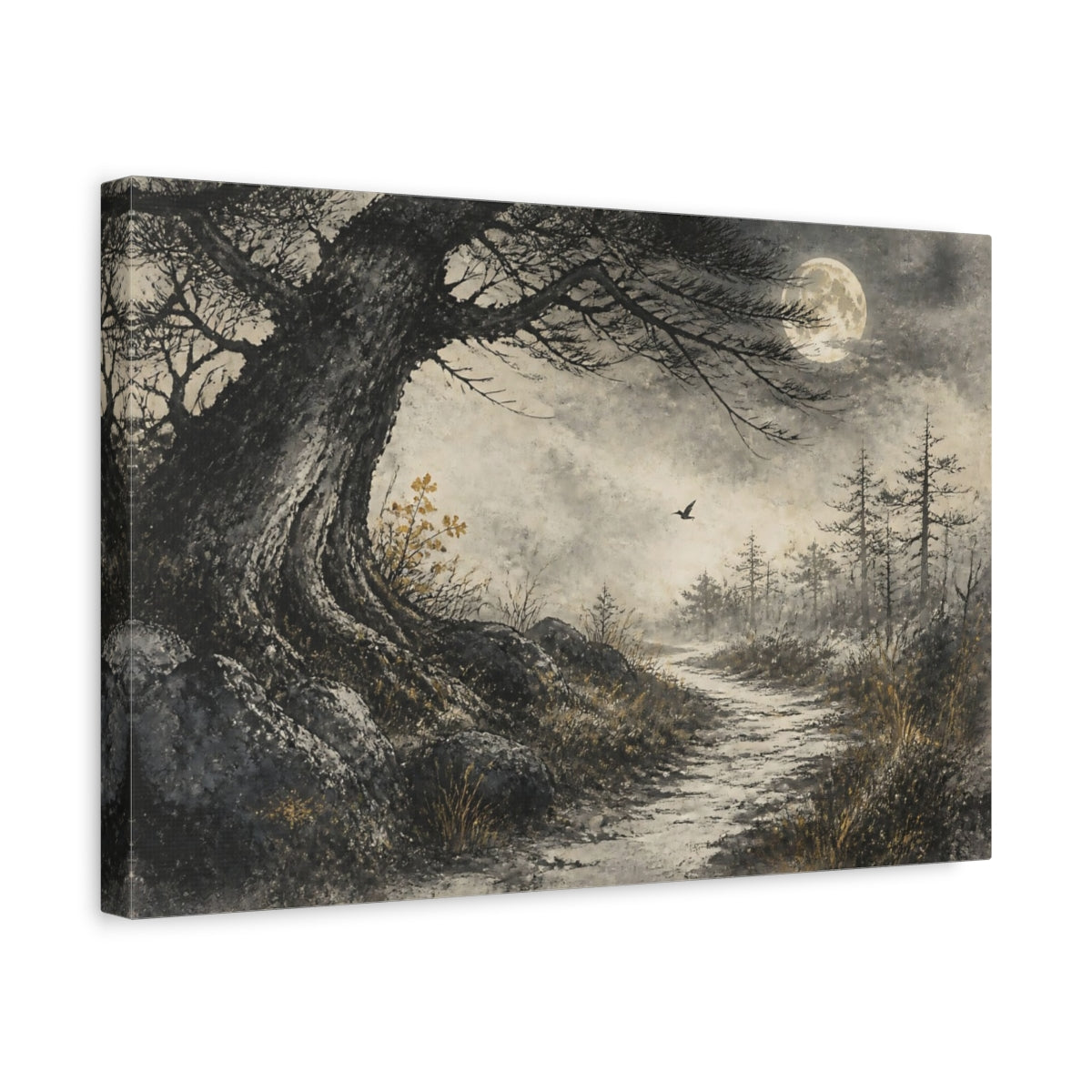 Side Mockup 4. Moonlit Path Beneath Ancient Tree shown as canvas print
