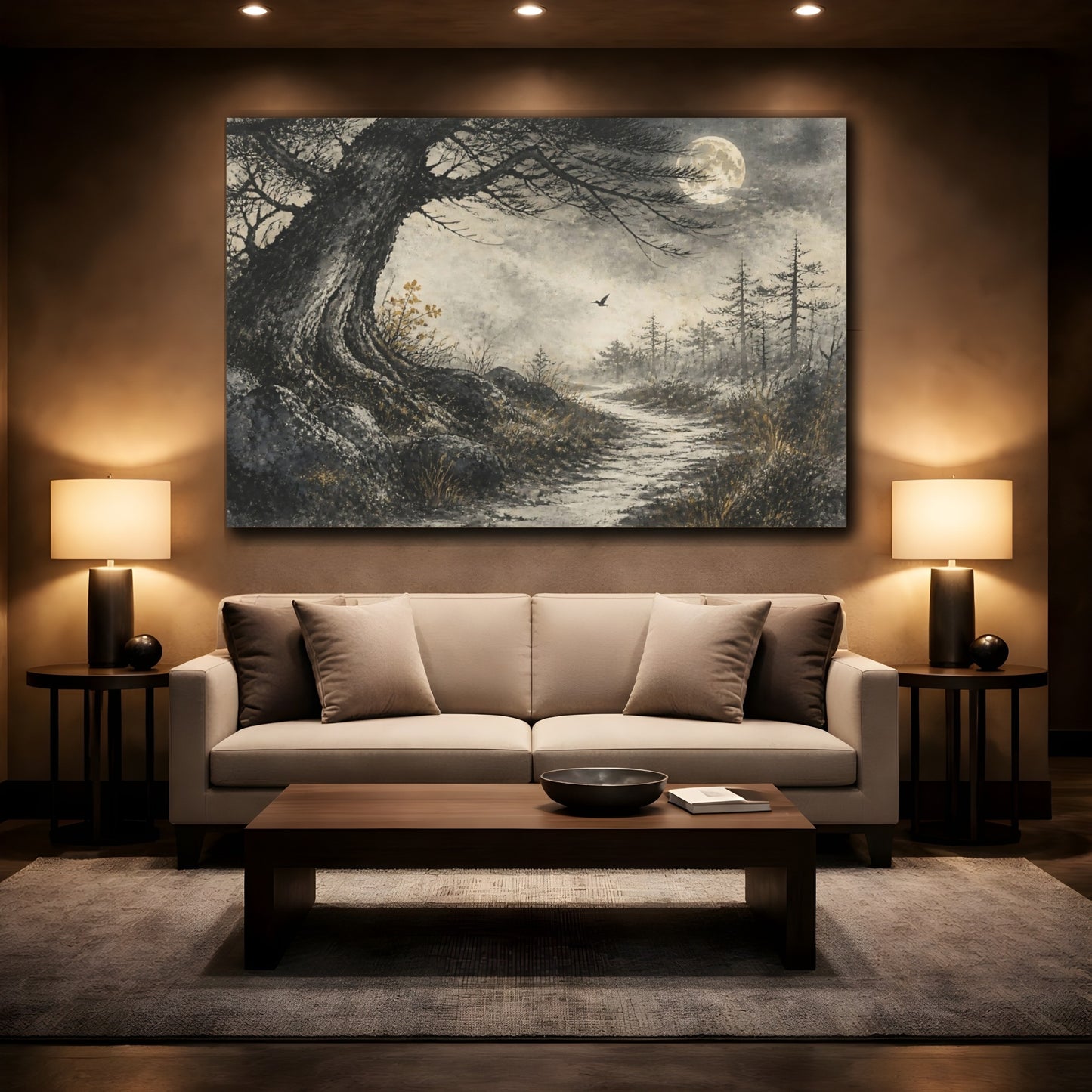 Mockup 2. Moonlit Path Beneath Ancient Tree shown as canvas print