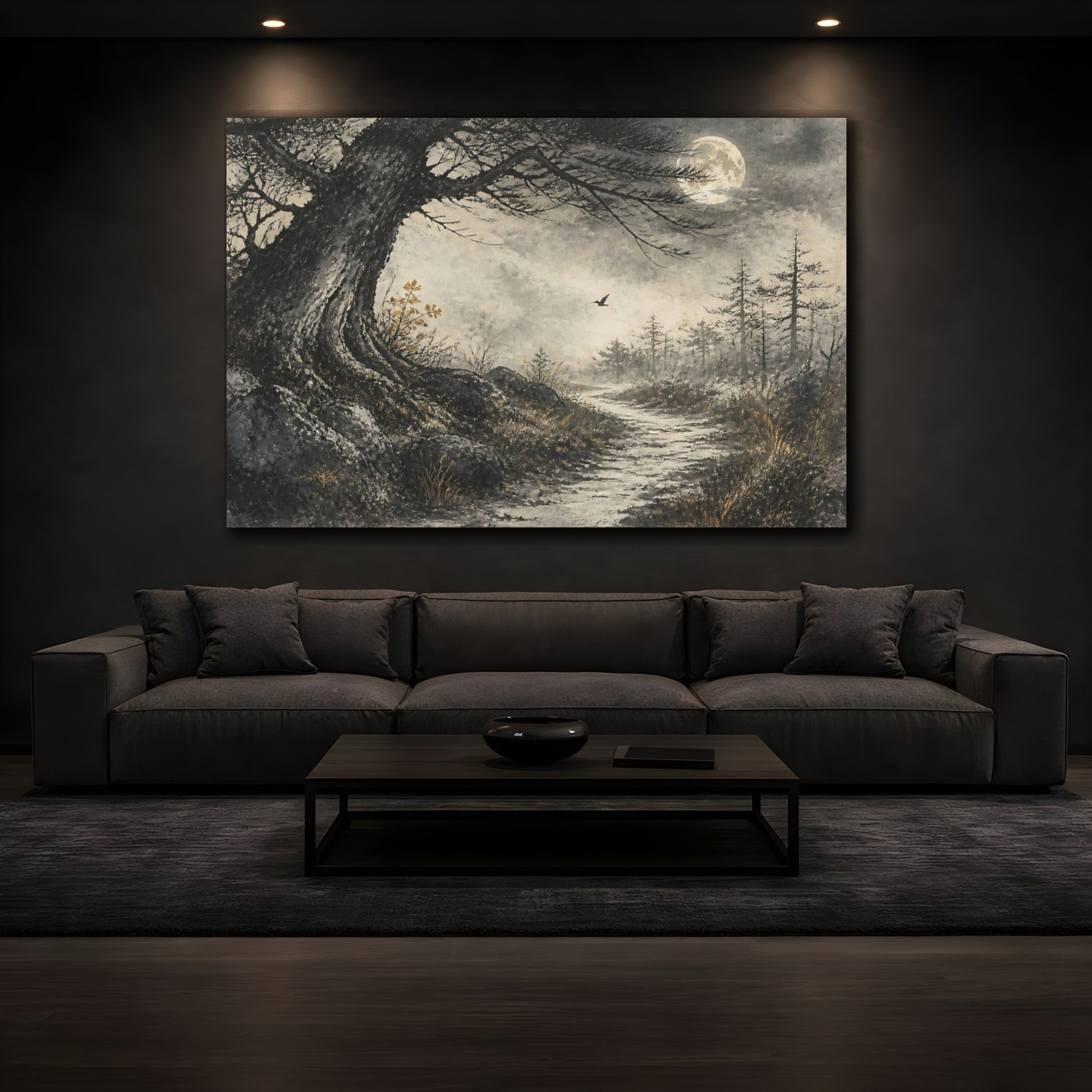 Mockup 3. Moonlit Path Beneath Ancient Tree shown as canvas print