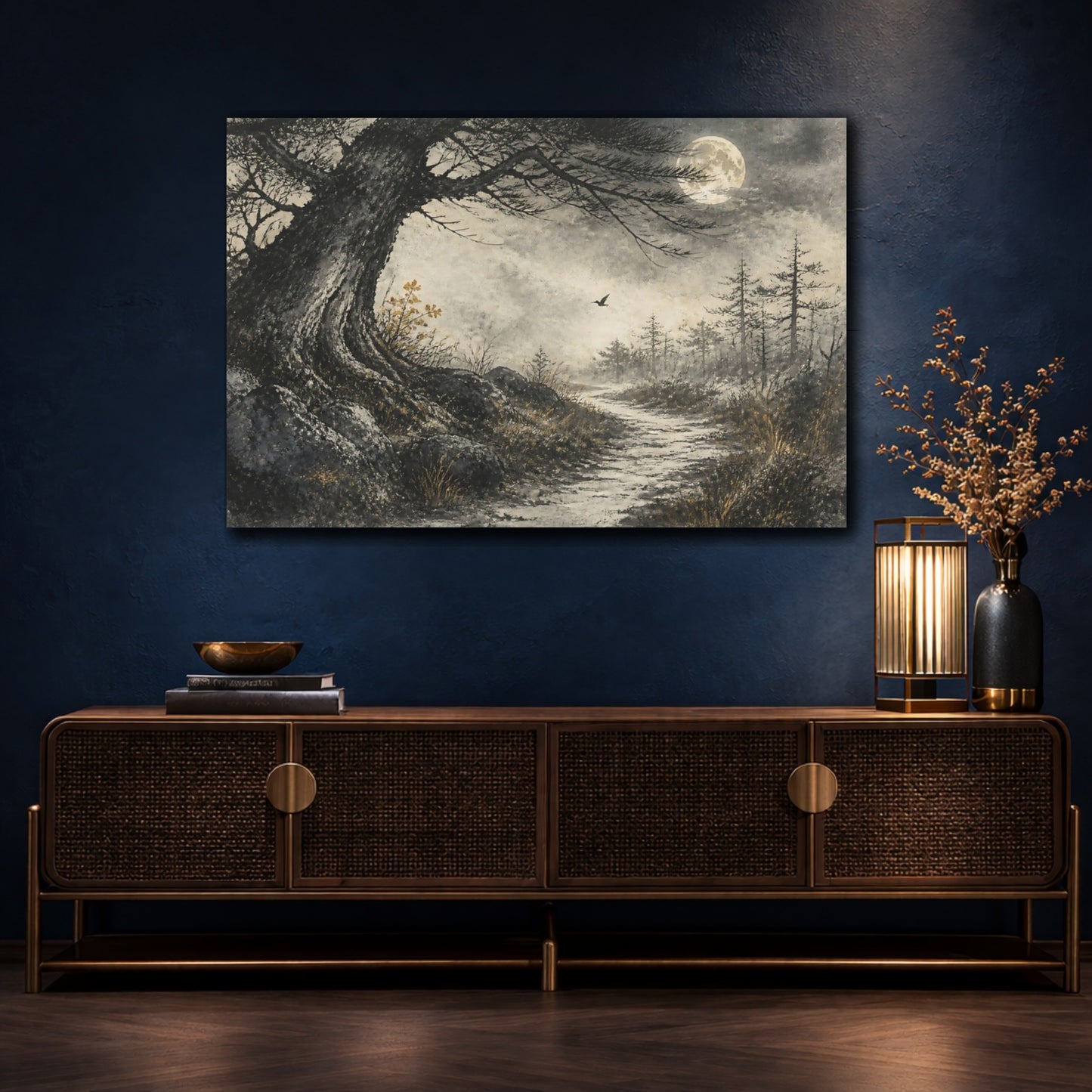 Mockup 4. Moonlit Path Beneath Ancient Tree shown as canvas print