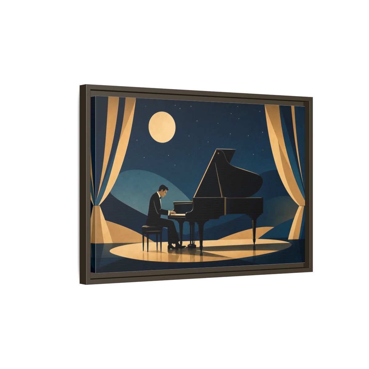 Side Mockup 2. Moonlit Piano Serenade shown as framed canvas print