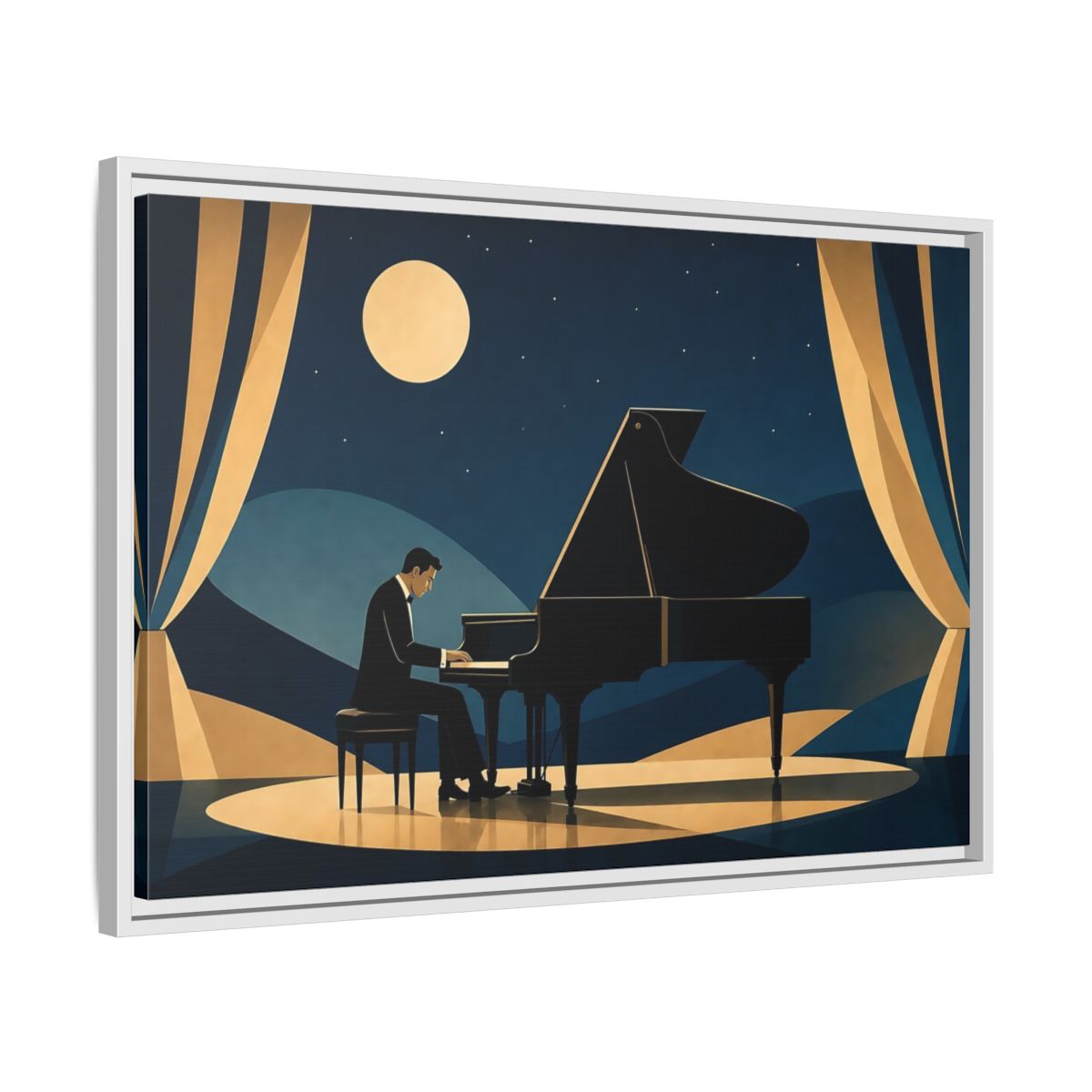 Side Mockup 10. Moonlit Piano Serenade shown as framed canvas print