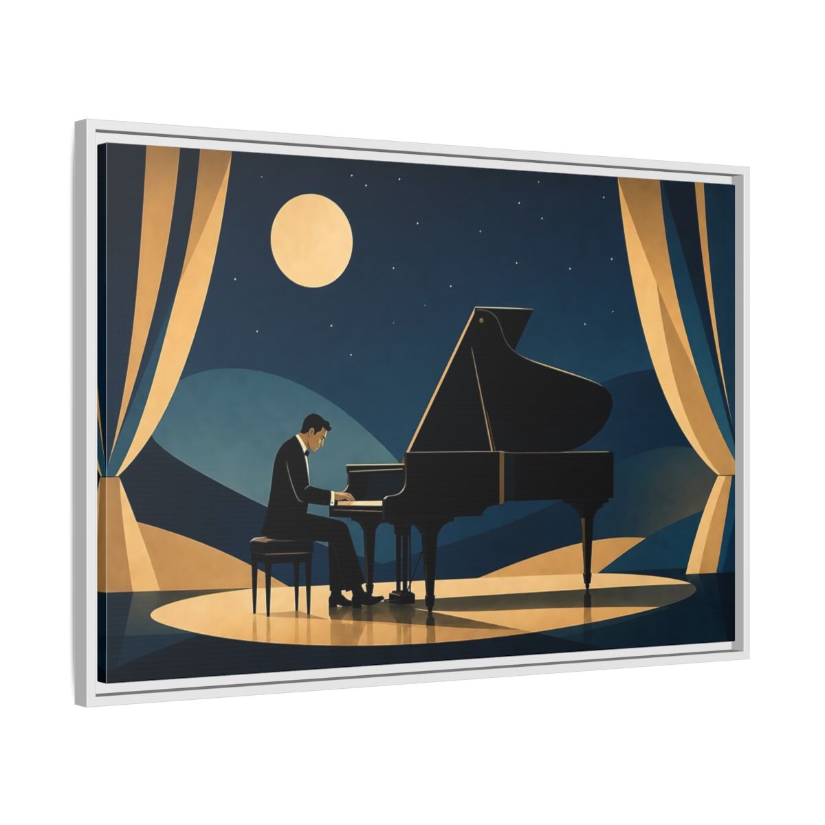 Side Mockup 9. Moonlit Piano Serenade shown as framed canvas print