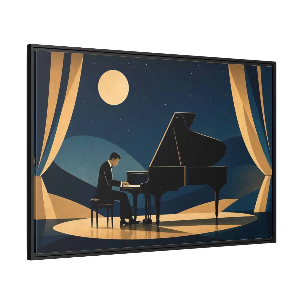 Side Mockup 12. Moonlit Piano Serenade shown as framed canvas print