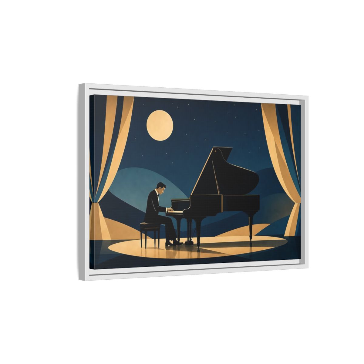 Side Mockup 1. Moonlit Piano Serenade shown as framed canvas print