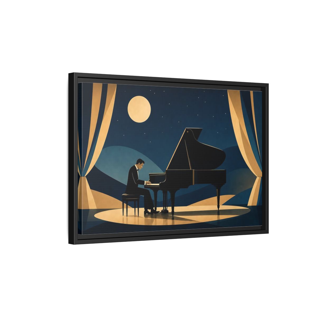 Side Mockup 3. Moonlit Piano Serenade shown as framed canvas print