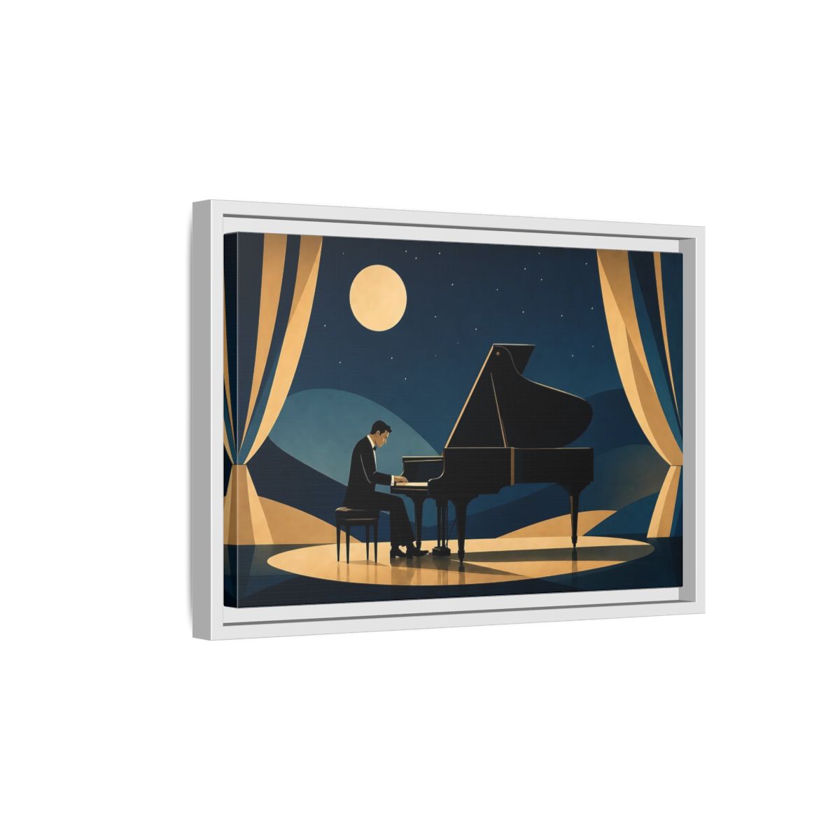 Side Mockup 4. Moonlit Piano Serenade shown as framed canvas print