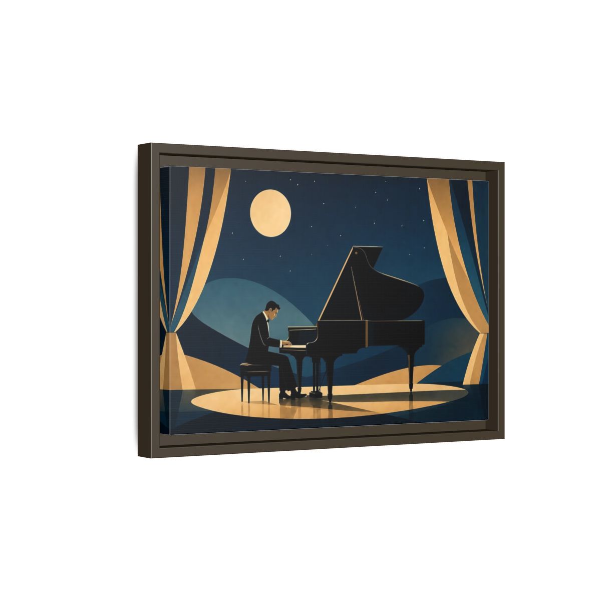 Side Mockup 5. Moonlit Piano Serenade shown as framed canvas print