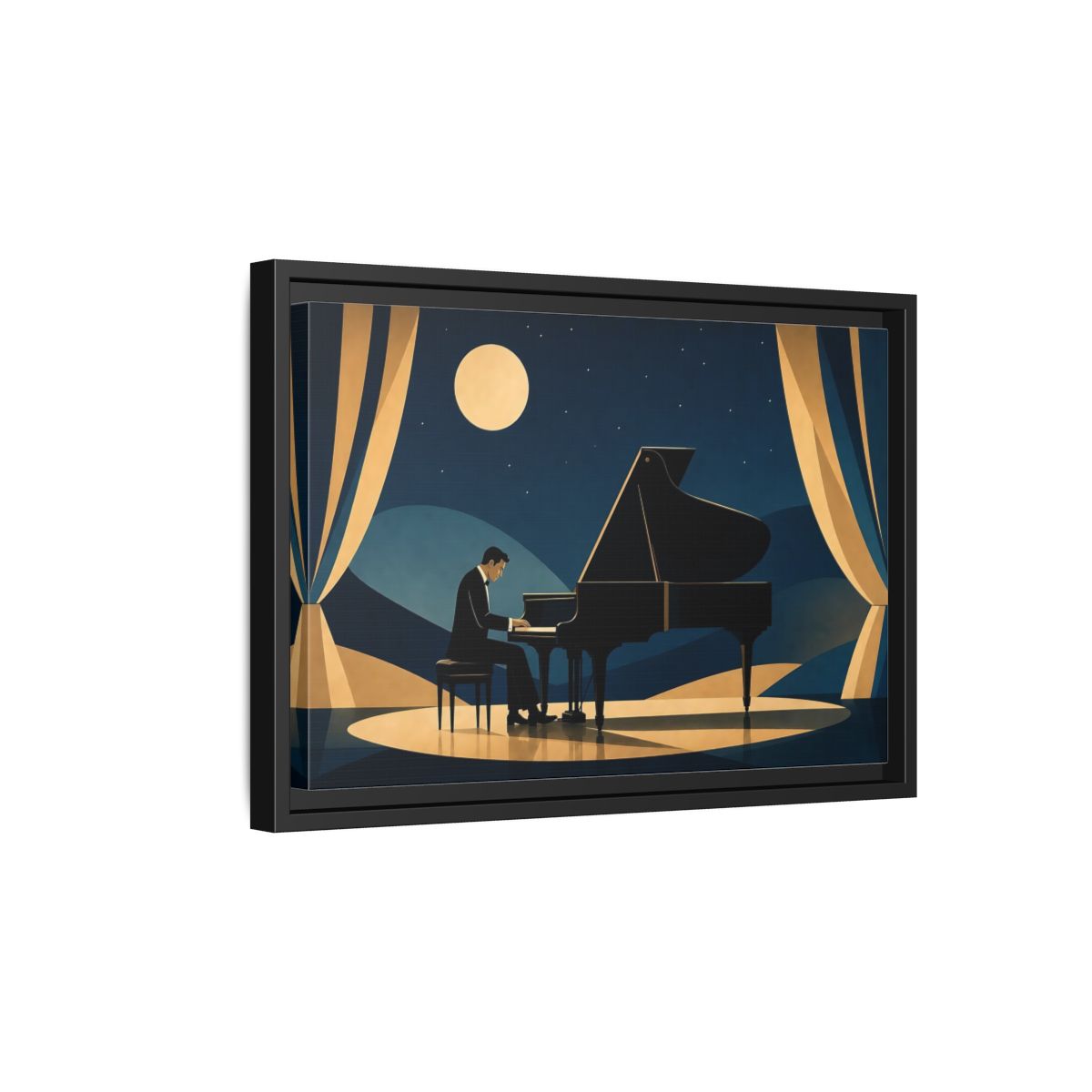 Side Mockup 6. Moonlit Piano Serenade shown as framed canvas print