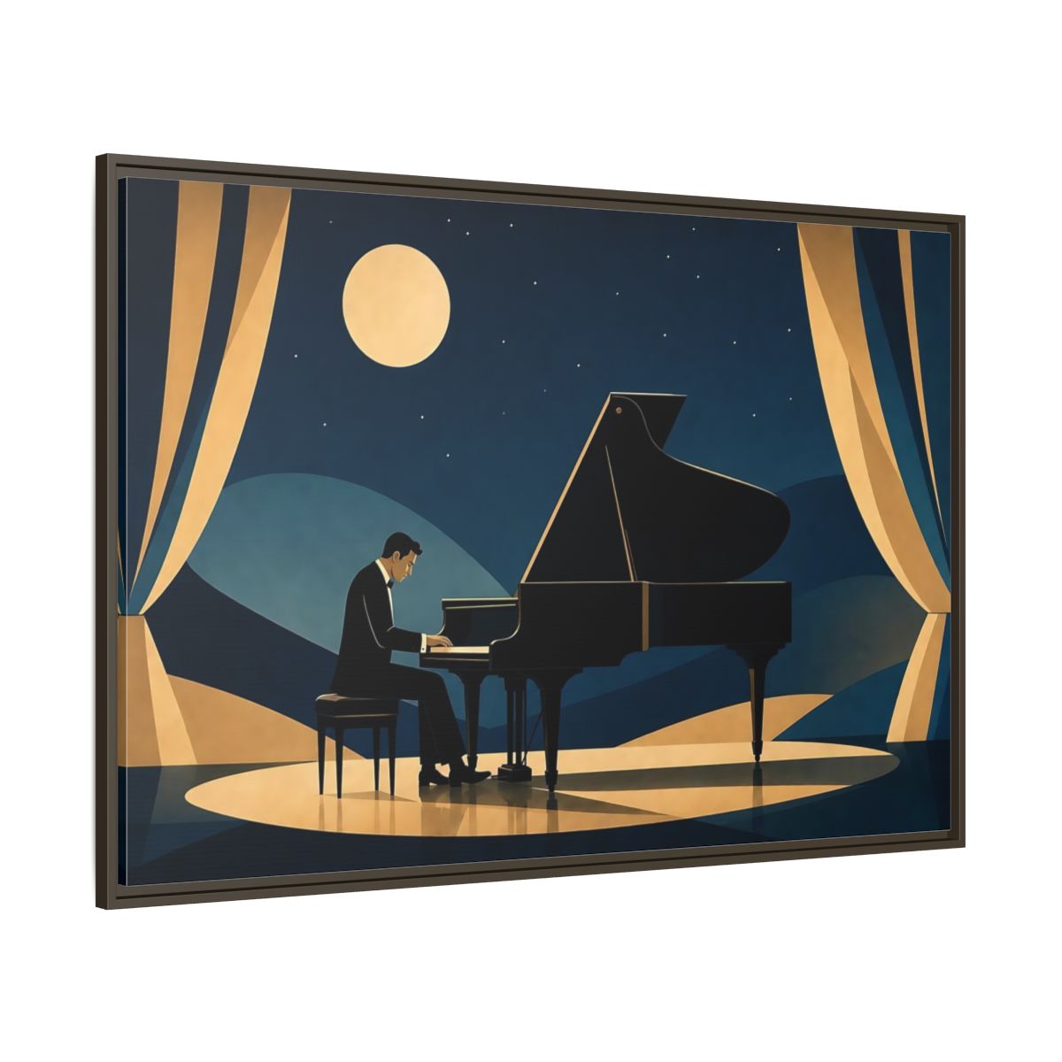 Side Mockup 8. Moonlit Piano Serenade shown as framed canvas print