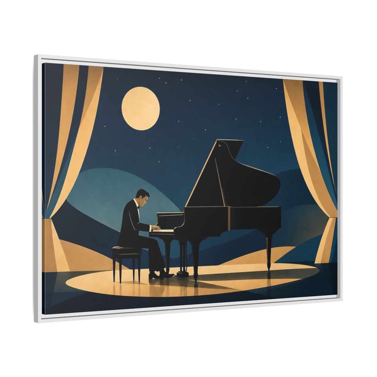 Side Mockup 7. Moonlit Piano Serenade shown as framed canvas print