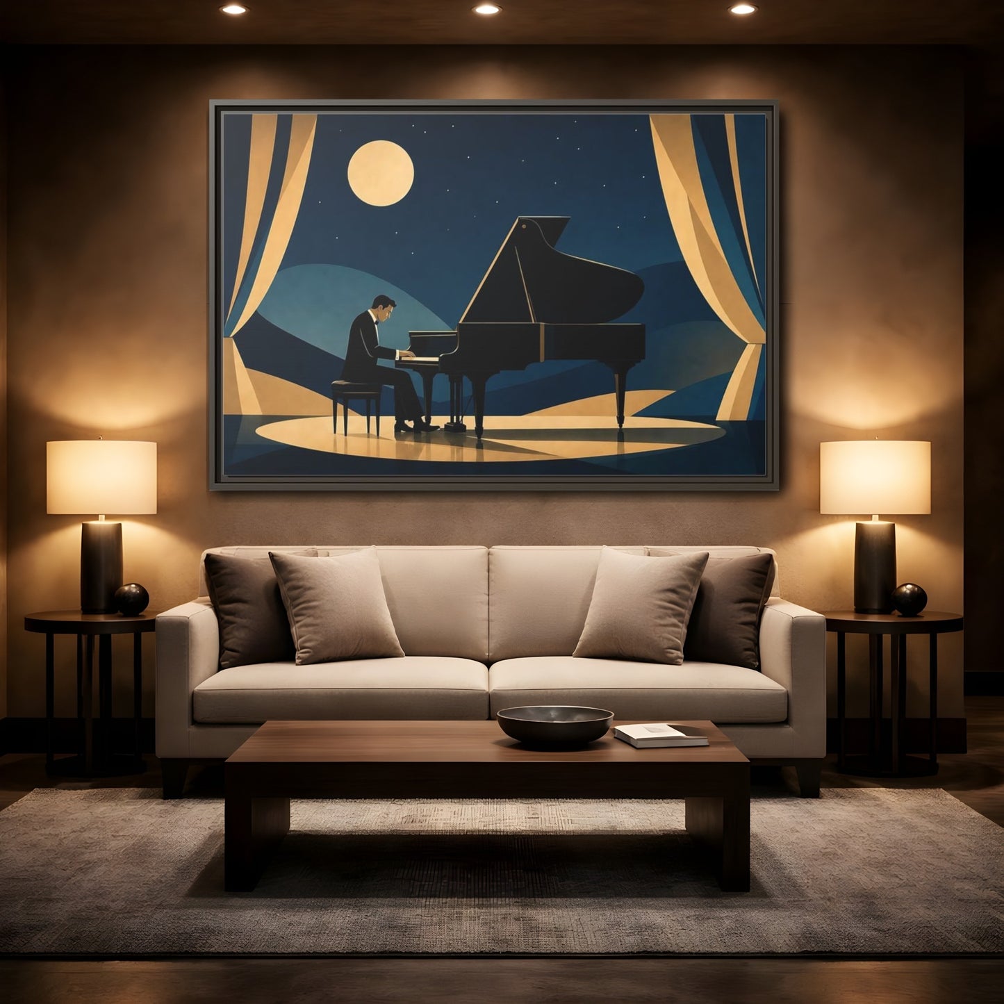 Mockup 2. Moonlit Piano Serenade shown as framed canvas print