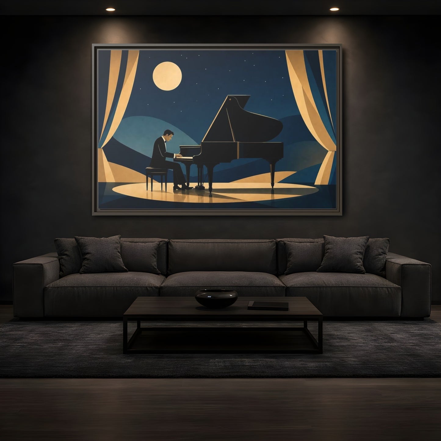 Mockup 3. Moonlit Piano Serenade shown as framed canvas print