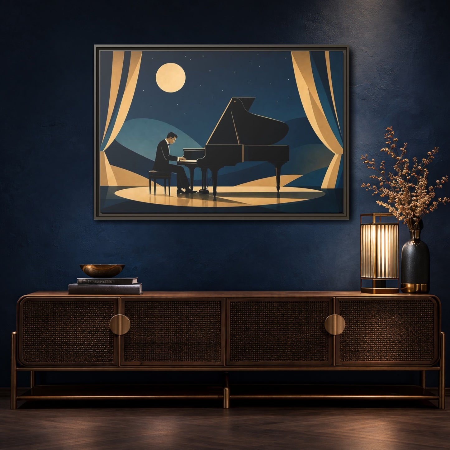 Mockup 4. Moonlit Piano Serenade shown as framed canvas print
