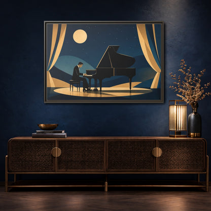 Mockup 4. Moonlit Piano Serenade shown as framed canvas print