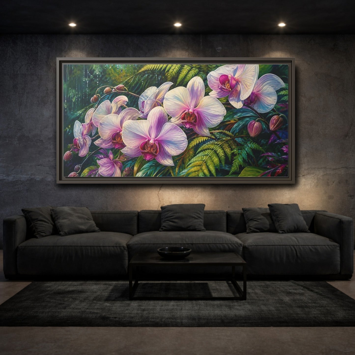 Mockup 3. Moonlit Pink Orchids shown as framed canvas print