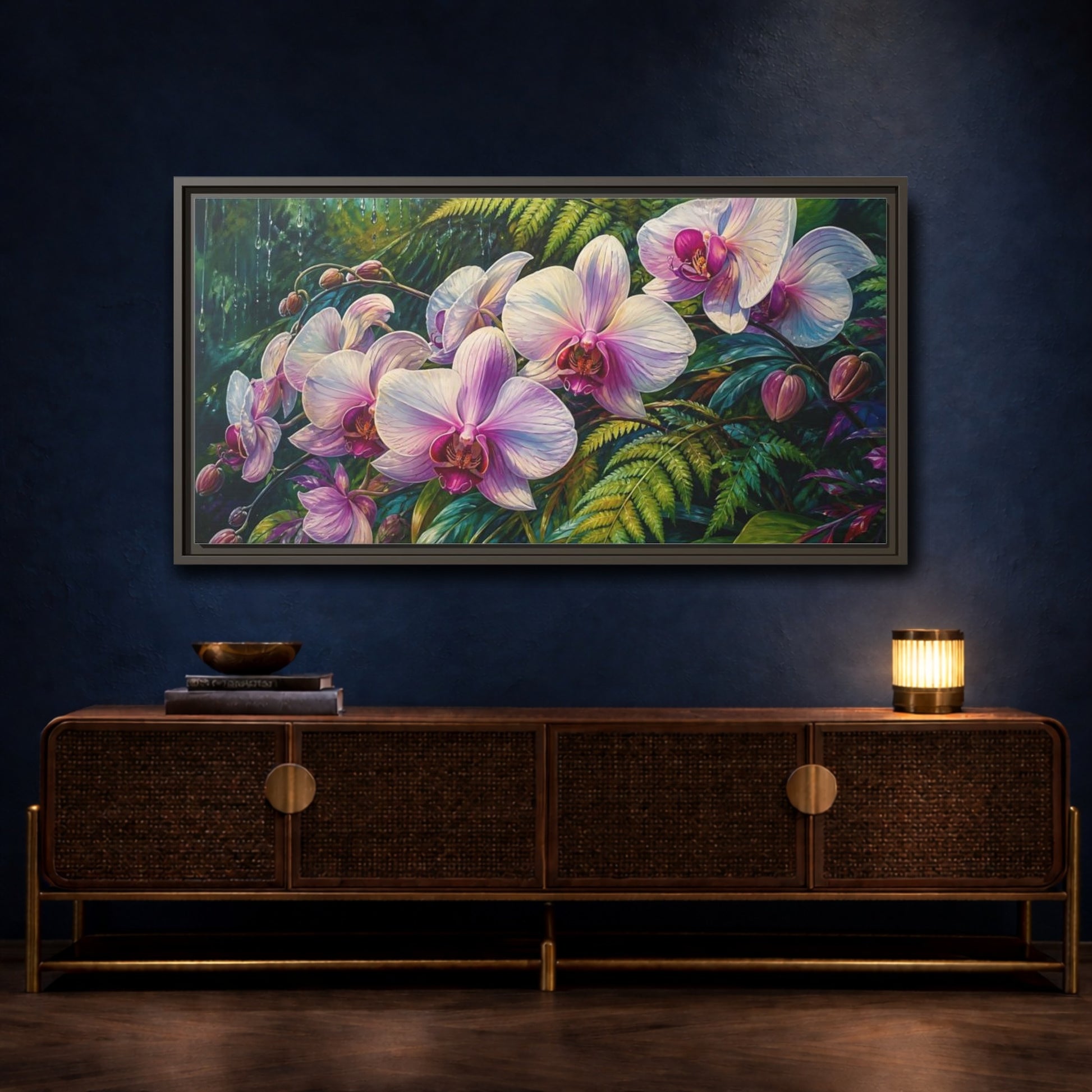 Mockup 4. Moonlit Pink Orchids shown as framed canvas print