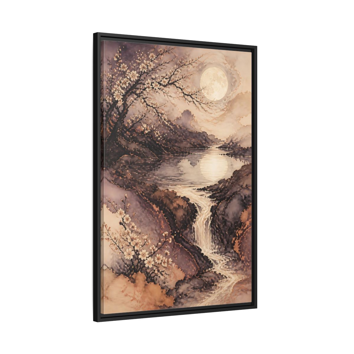 Side Mockup 13. Moonlit Plum Blossoms shown as framed canvas print