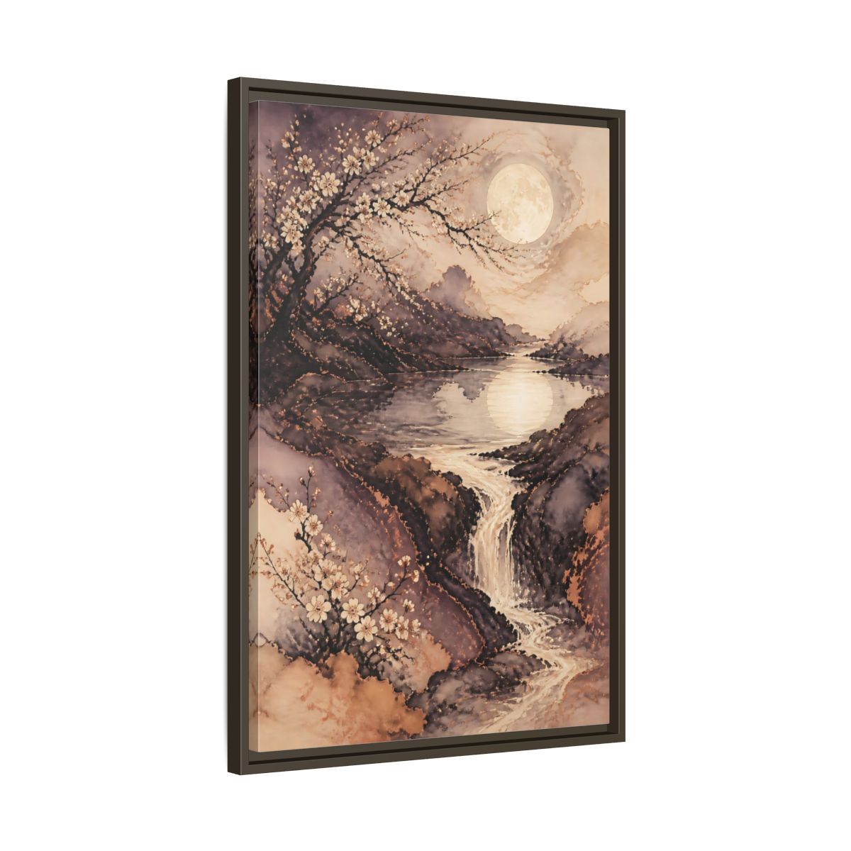 Side Mockup 11. Moonlit Plum Blossoms shown as framed canvas print