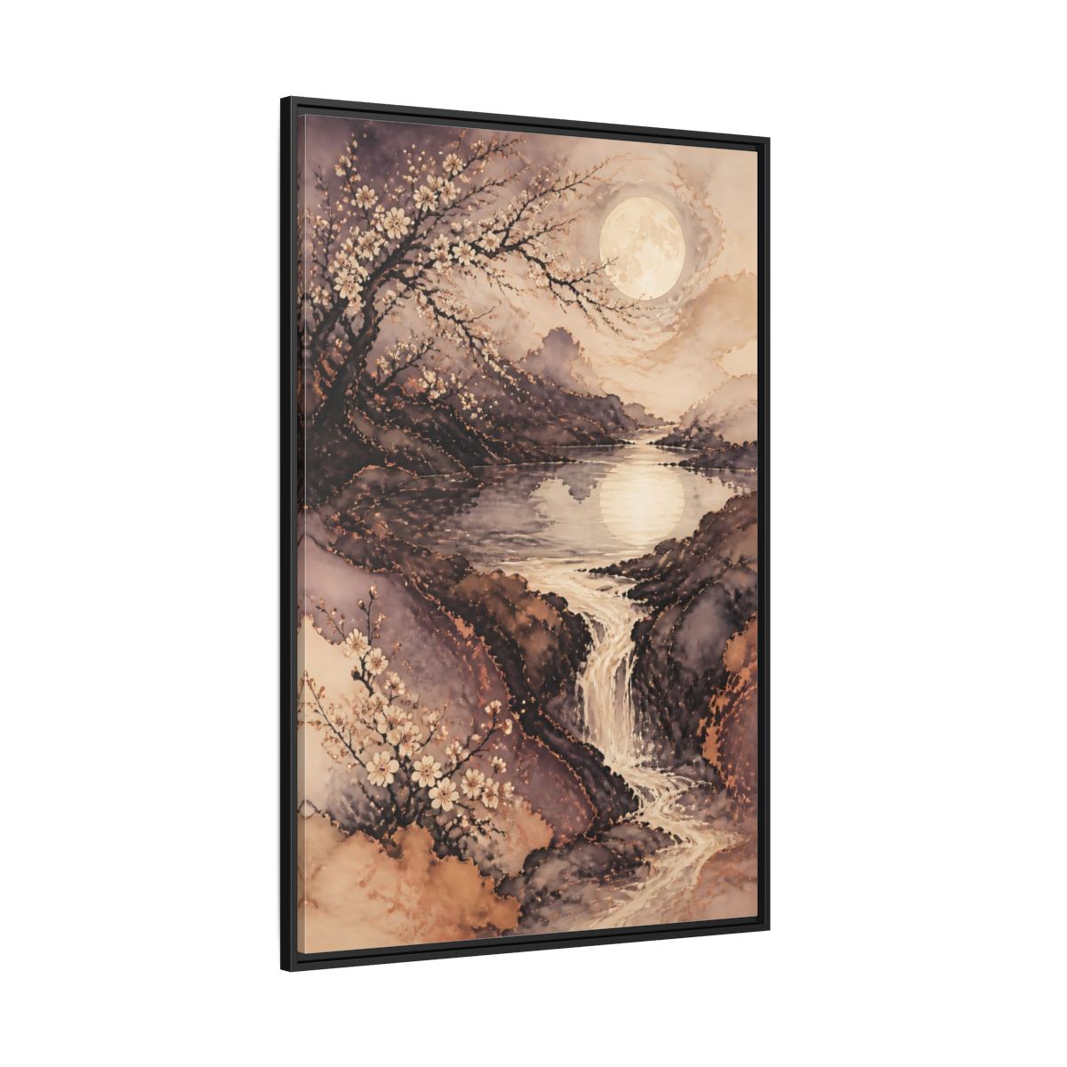 Side Mockup 12. Moonlit Plum Blossoms shown as framed canvas print