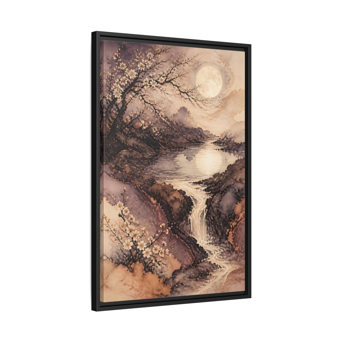 Side Mockup 14. Moonlit Plum Blossoms shown as framed canvas print