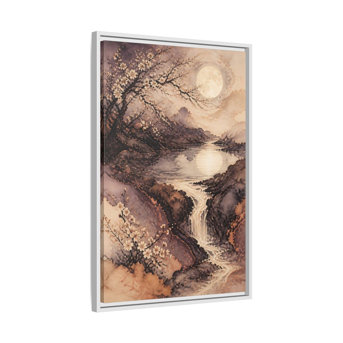 Side Mockup 10. Moonlit Plum Blossoms shown as framed canvas print