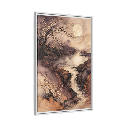 Side Mockup 10. Moonlit Plum Blossoms shown as framed canvas print