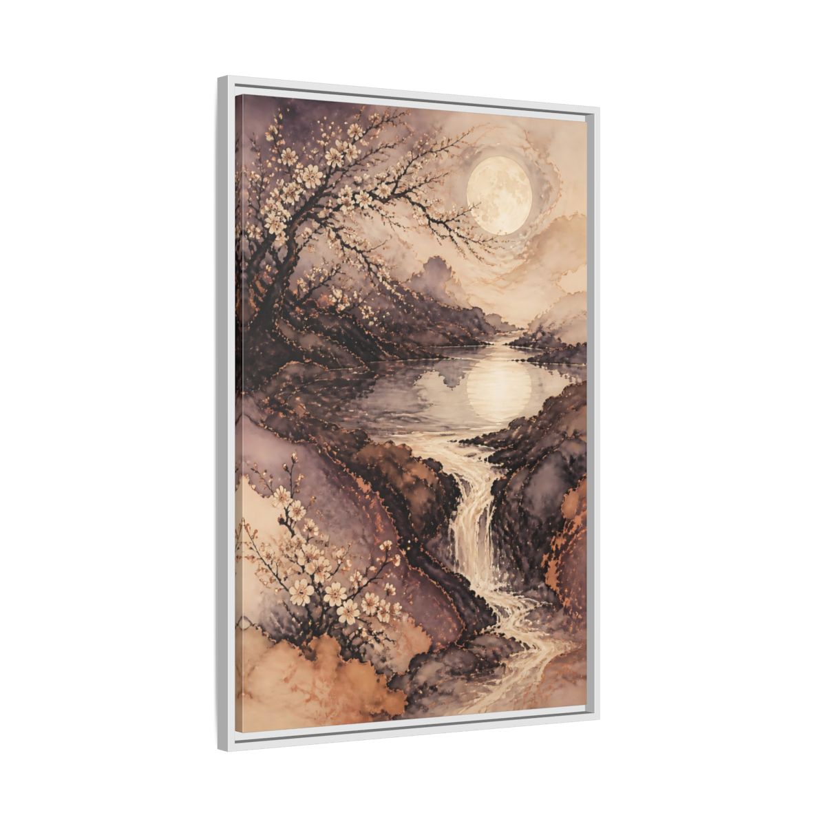Side Mockup 9. Moonlit Plum Blossoms shown as framed canvas print