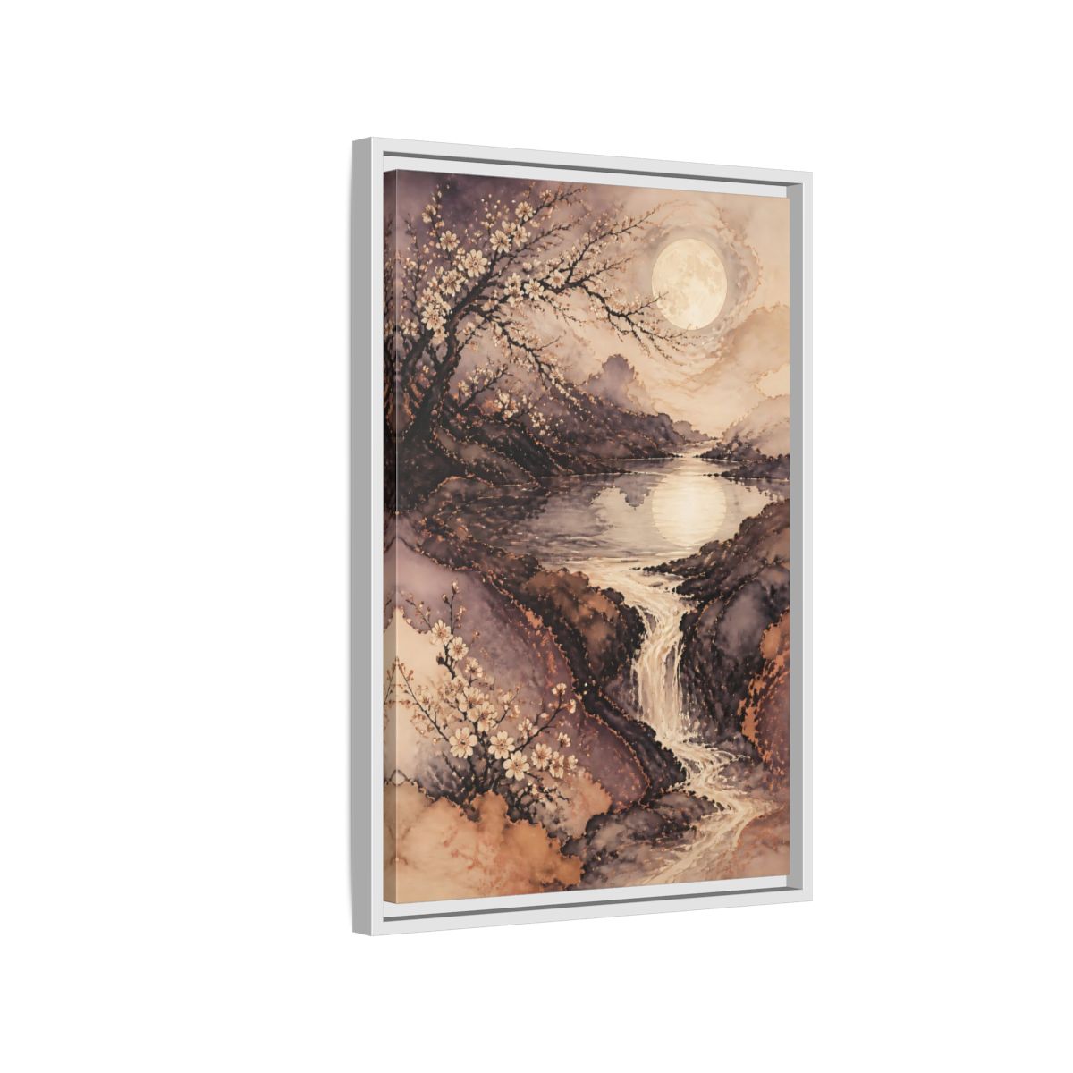 Side Mockup 1. Moonlit Plum Blossoms shown as framed canvas print
