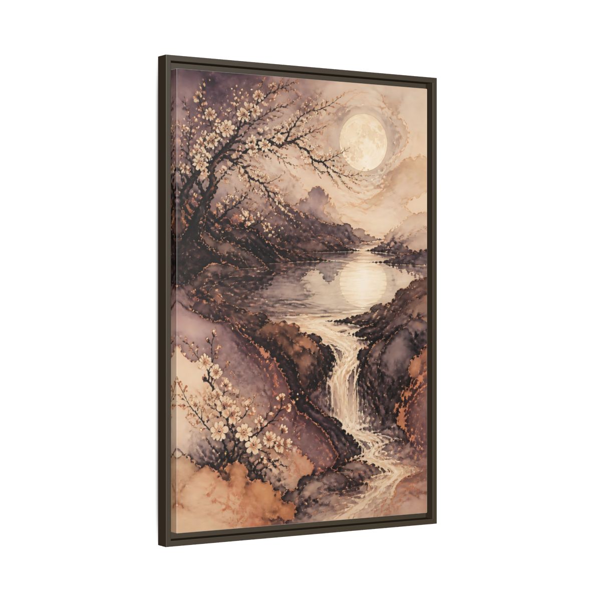 Main Mockup. Moonlit Plum Blossoms shown as framed canvas print