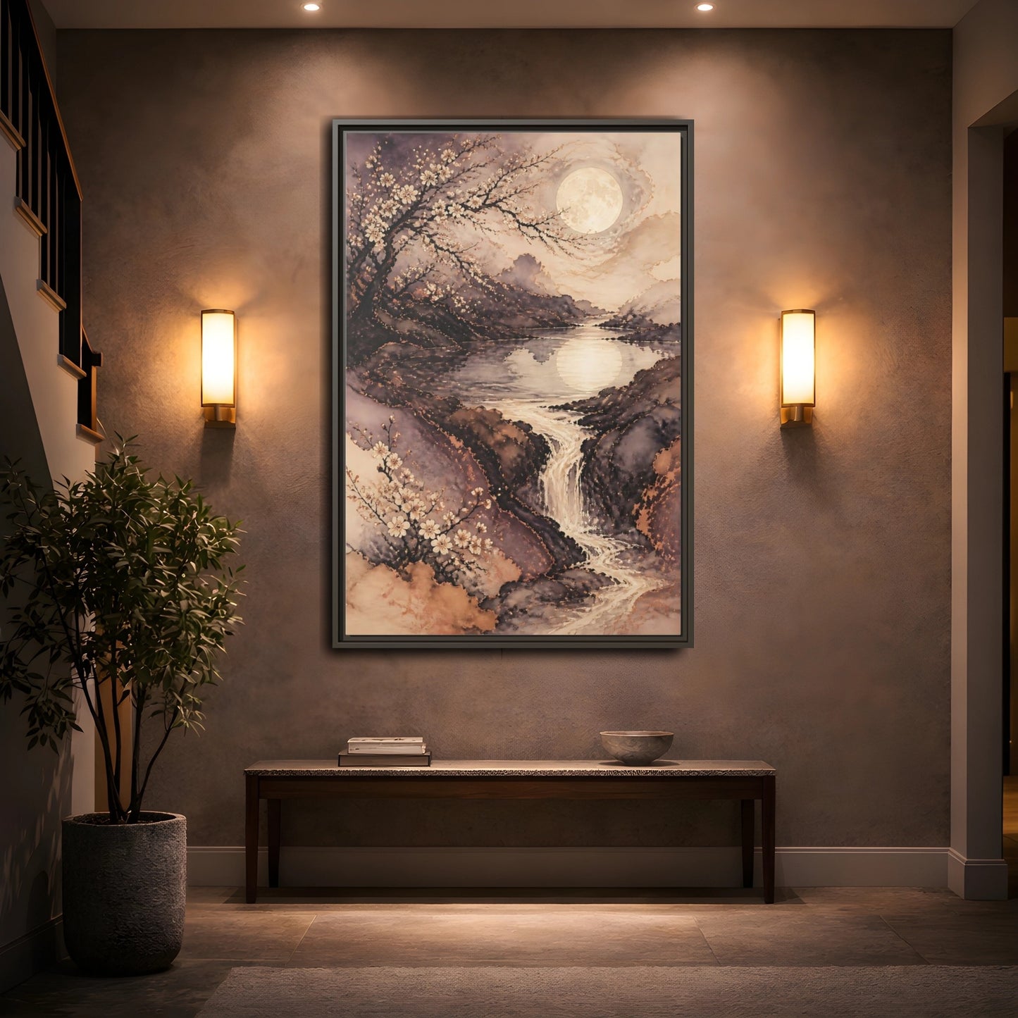 Mockup 2. Moonlit Plum Blossoms shown as framed canvas print