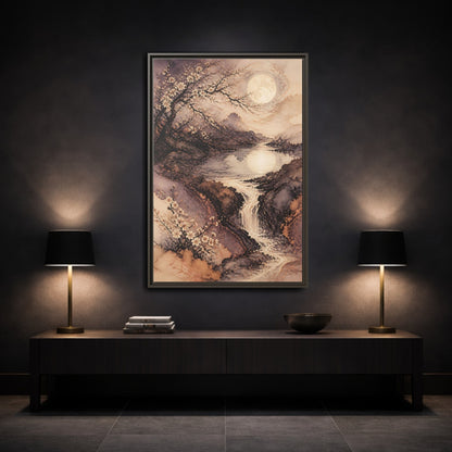 Mockup 3. Moonlit Plum Blossoms shown as framed canvas print