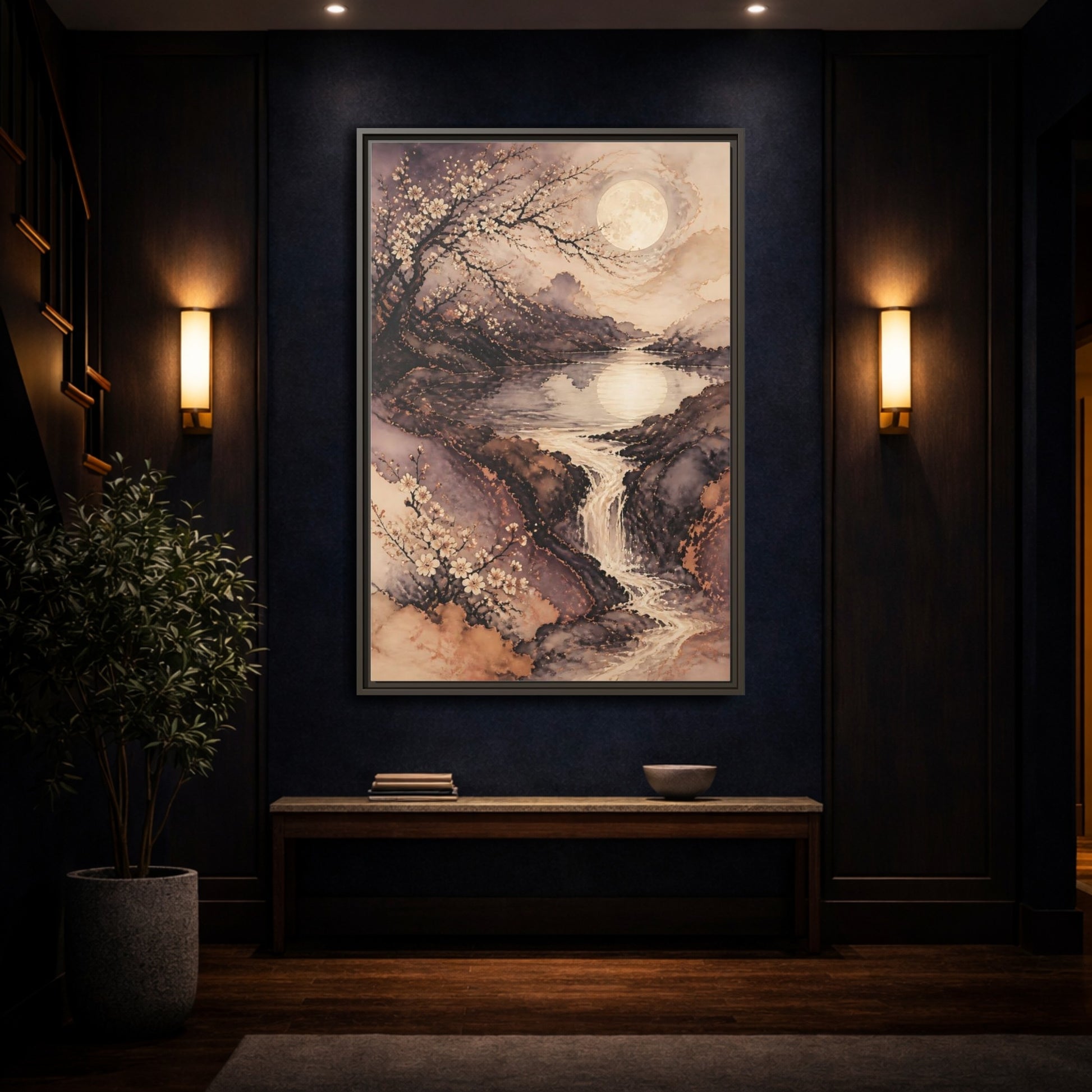Mockup 4. Moonlit Plum Blossoms shown as framed canvas print