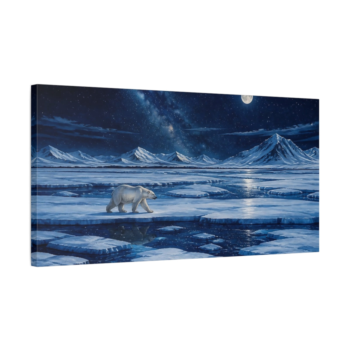 Side Mockup 1. Moonlit Polar Bear On Ice shown as canvas print
