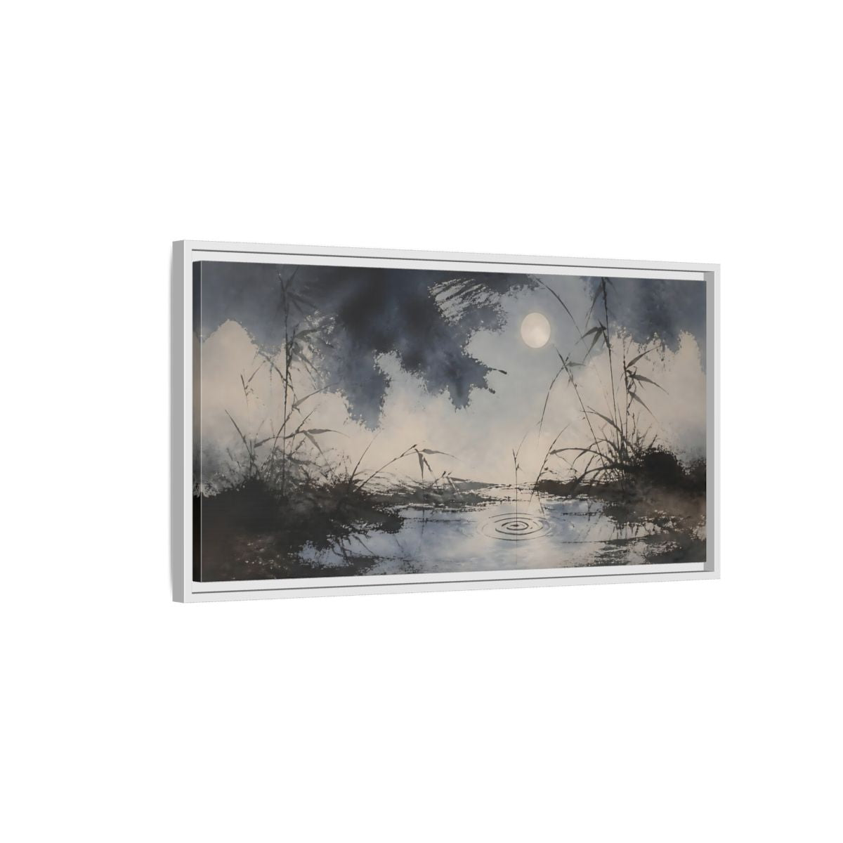 Side Mockup 1. Moonlit Pond And Reeds shown as framed canvas print