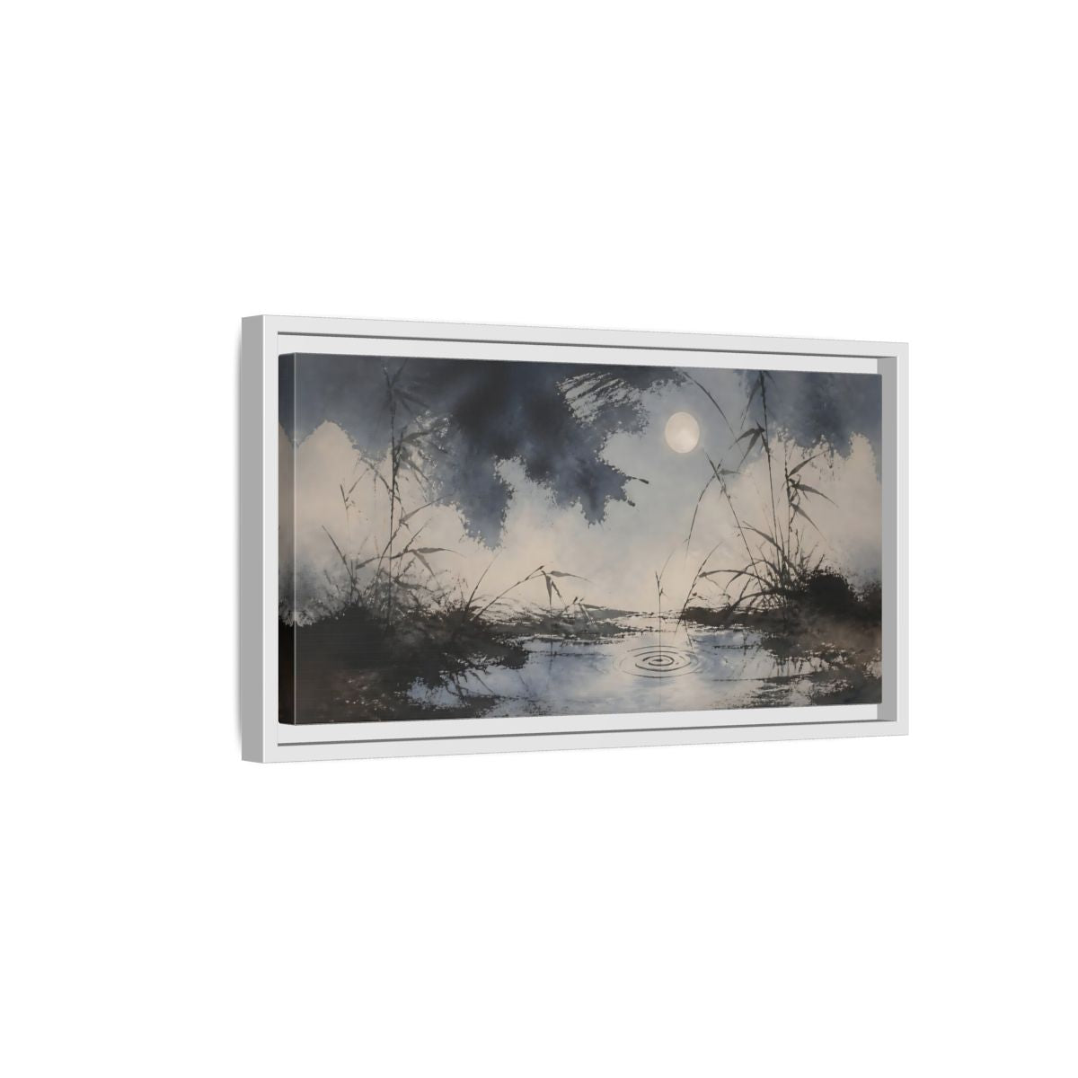 Side Mockup 6. Moonlit Pond And Reeds shown as framed canvas print