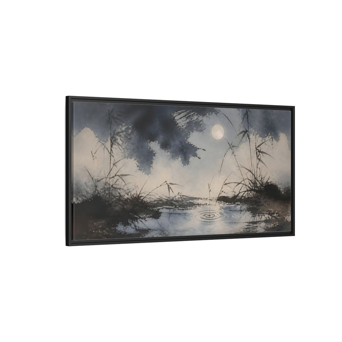 Side Mockup 5. Moonlit Pond And Reeds shown as framed canvas print