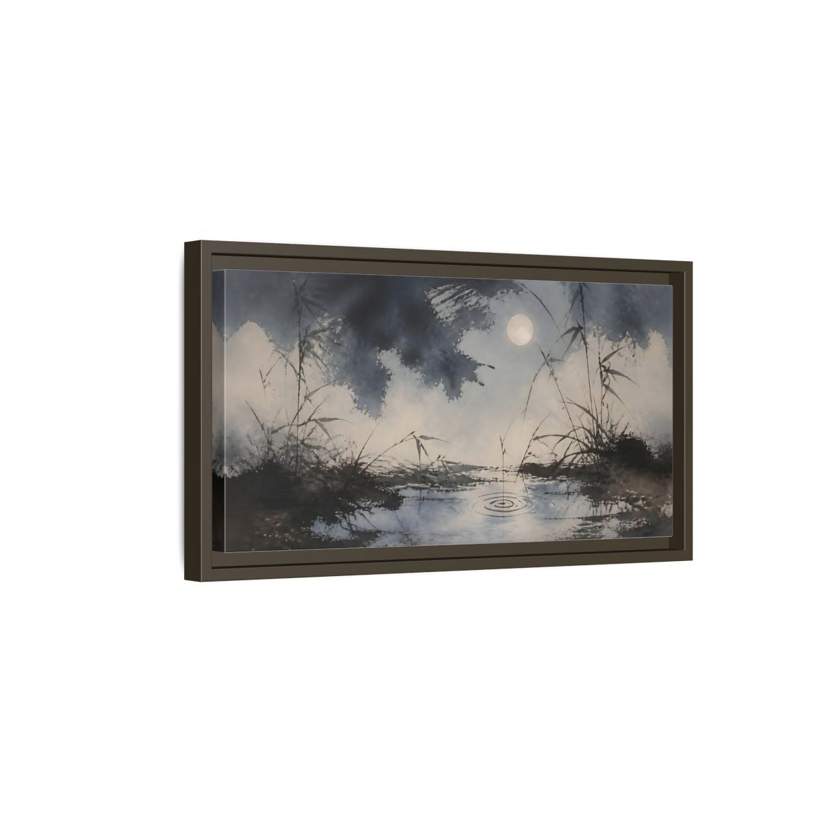 Side Mockup 7. Moonlit Pond And Reeds shown as framed canvas print
