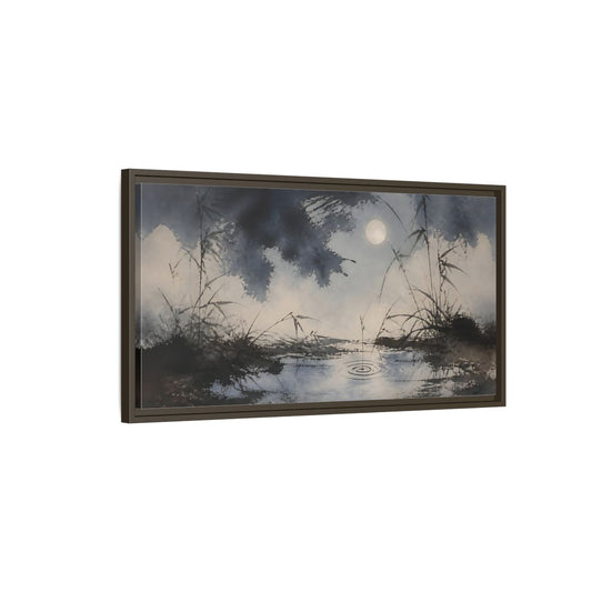 Main Mockup. Moonlit Pond And Reeds shown as framed canvas print