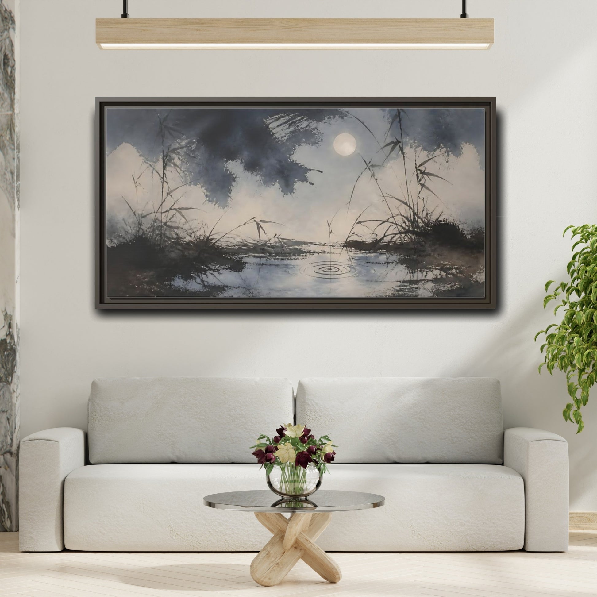 Mockup 2. Moonlit Pond And Reeds shown as framed canvas print