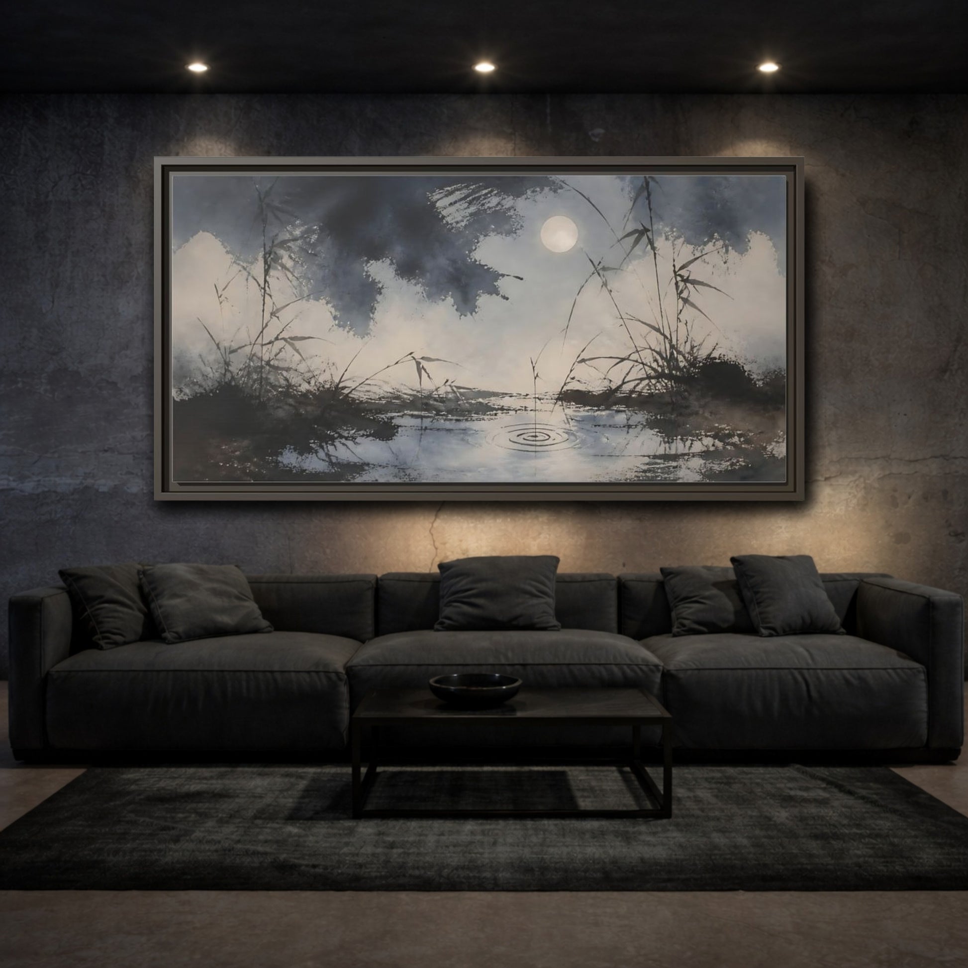 Mockup 3. Moonlit Pond And Reeds shown as framed canvas print