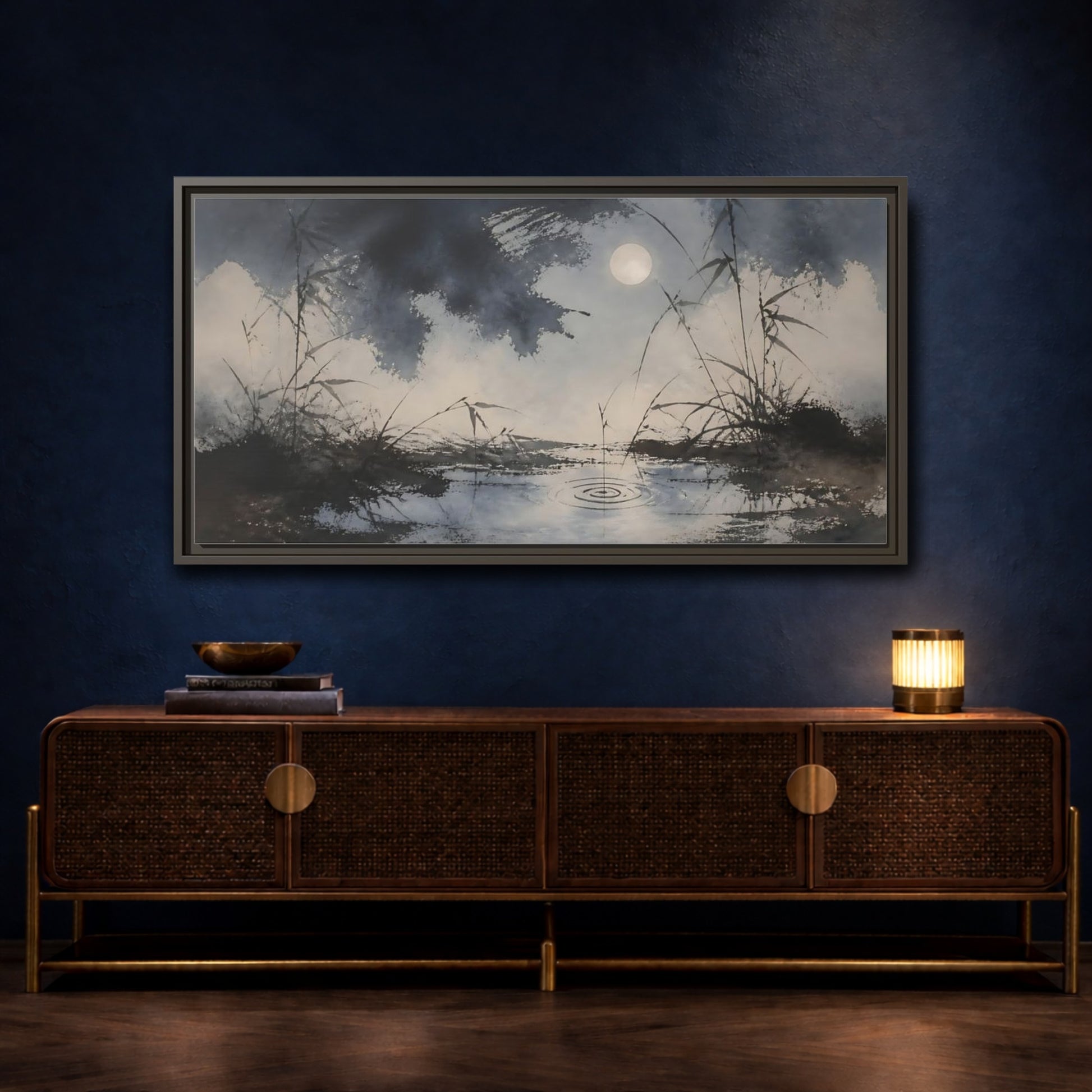 Mockup 4. Moonlit Pond And Reeds shown as framed canvas print