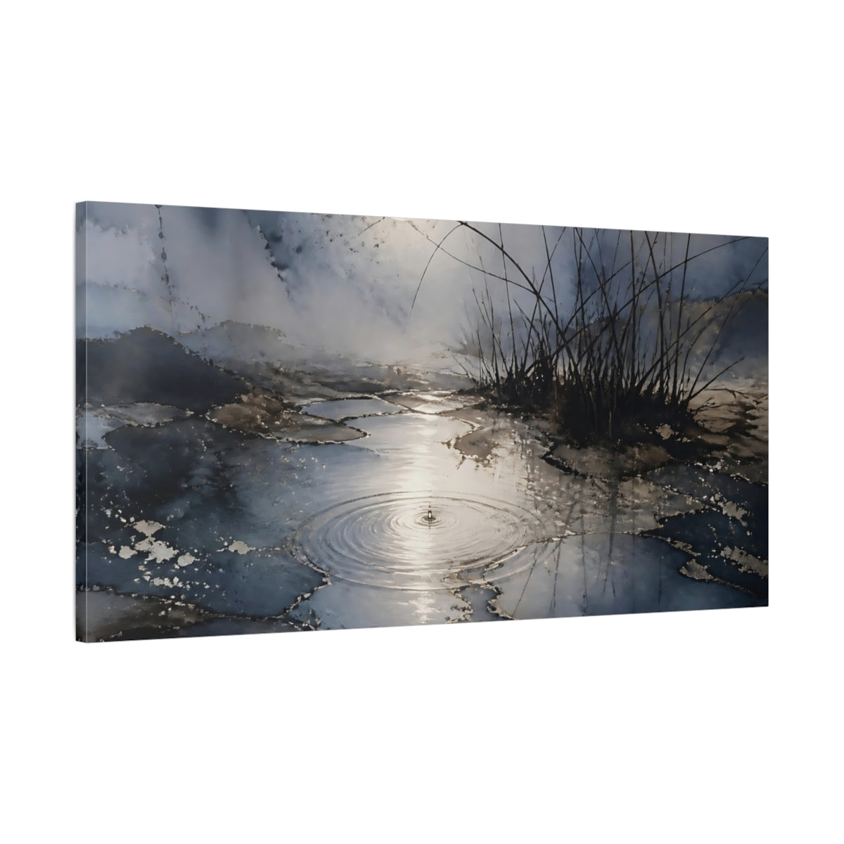Main Mockup. Moonlit Pond With Reeds shown as canvas print