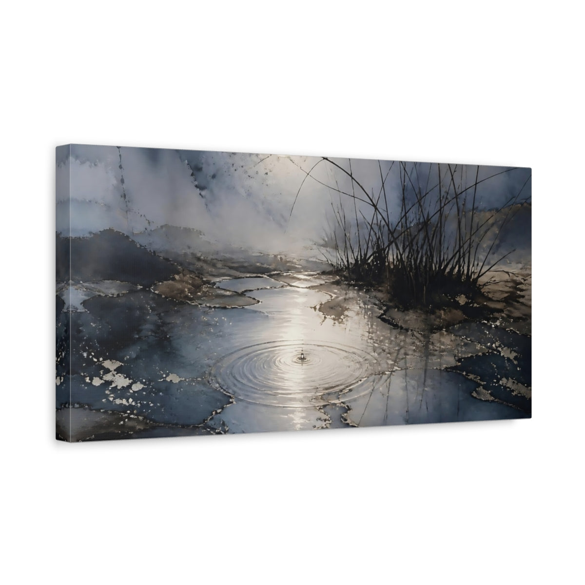 Side Mockup 3. Moonlit Pond With Reeds shown as canvas print